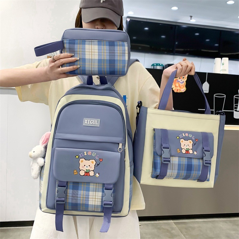 Large Capacity High School Plaid Three-piece Set Junior High School Student Elementary School Studebt Backpack - Image 8