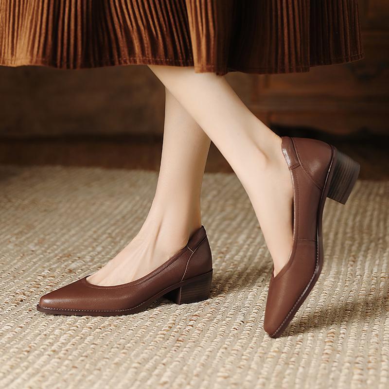 Womens French-style Pointed-toe Low-cut Mid-heel Leather Shoes