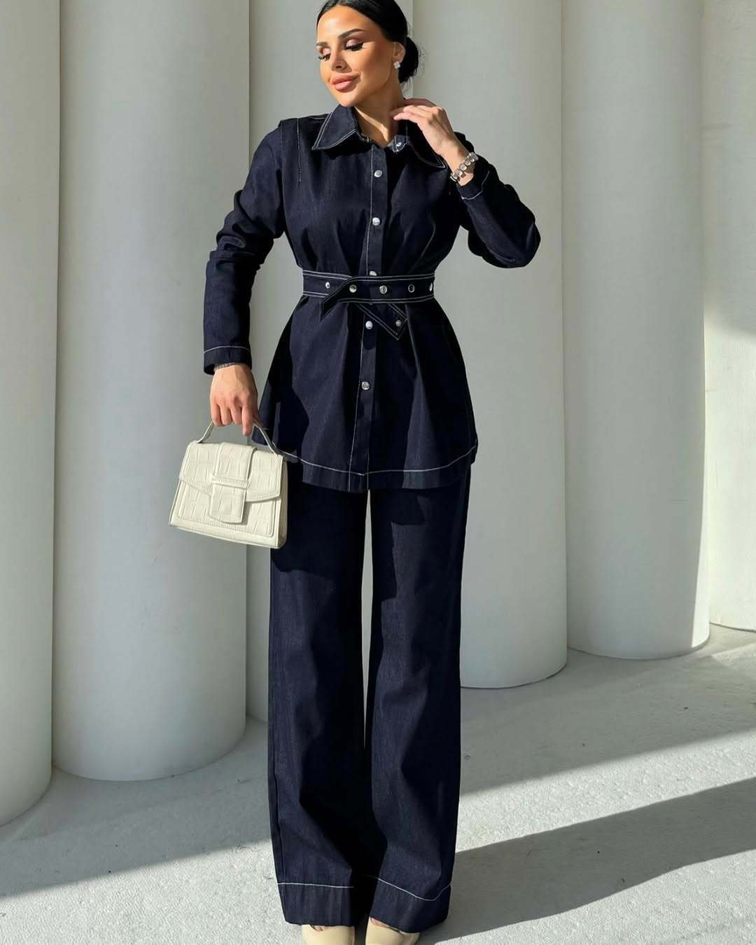 Womens Long-Sleeve Denim Jacket And Wide-Leg Jeans Two-Piece Set - Image 8