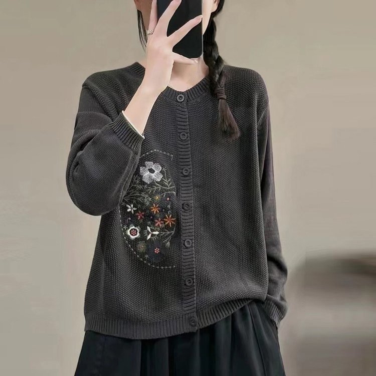 Chinese-style Corn-stitch Cotton Knit Cardigan Sweater For Women - Image 2