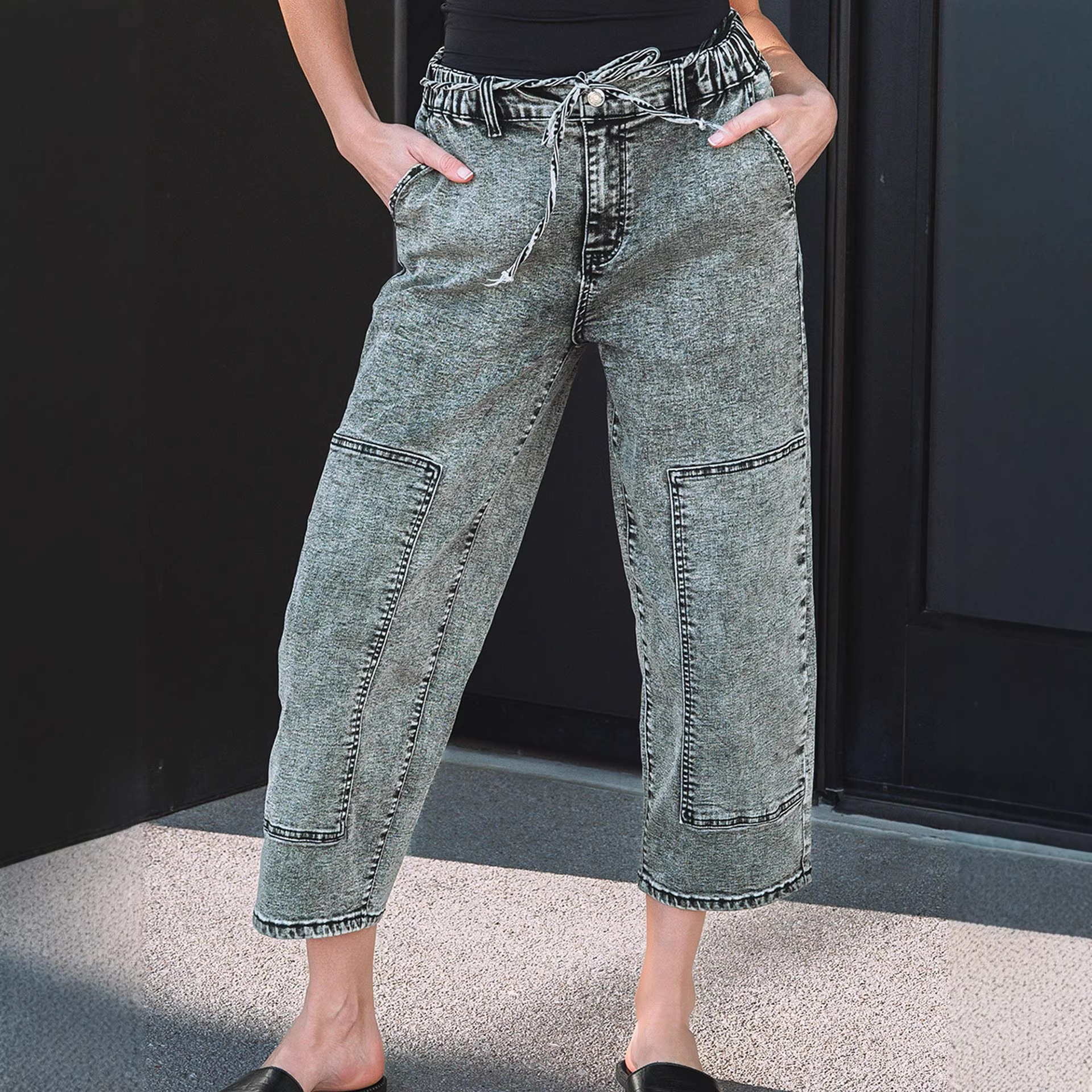 Washable Straight-leg Pants With Multiple Pockets And A Drawstring - Image 2