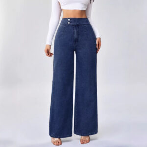 Versatile Straight-leg Loose-fit High-waisted Womens Solid-color Jeans With Double Buttons