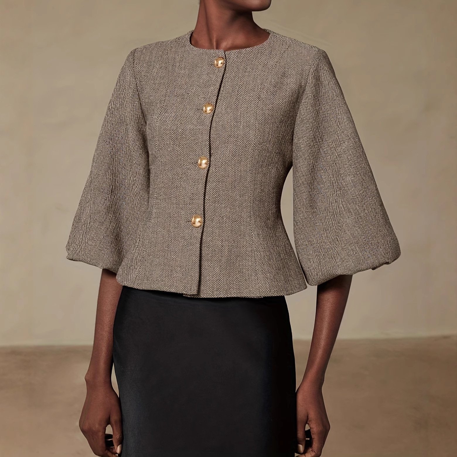 Best-selling Vintage Beige Belted Blazer With Balloon Sleeves - Image 3