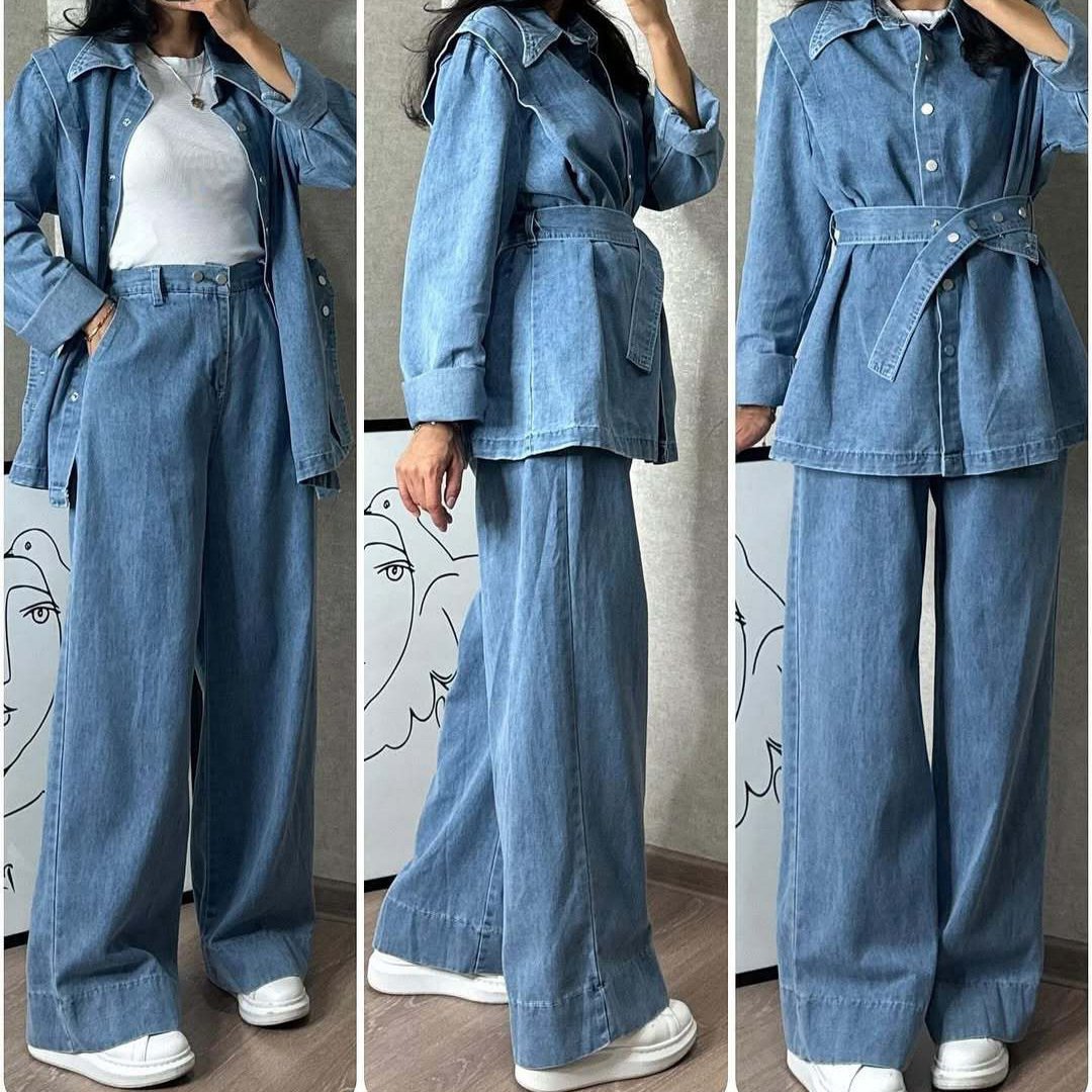 Womens Long-Sleeve Denim Jacket And Wide-Leg Jeans Two-Piece Set - Image 7