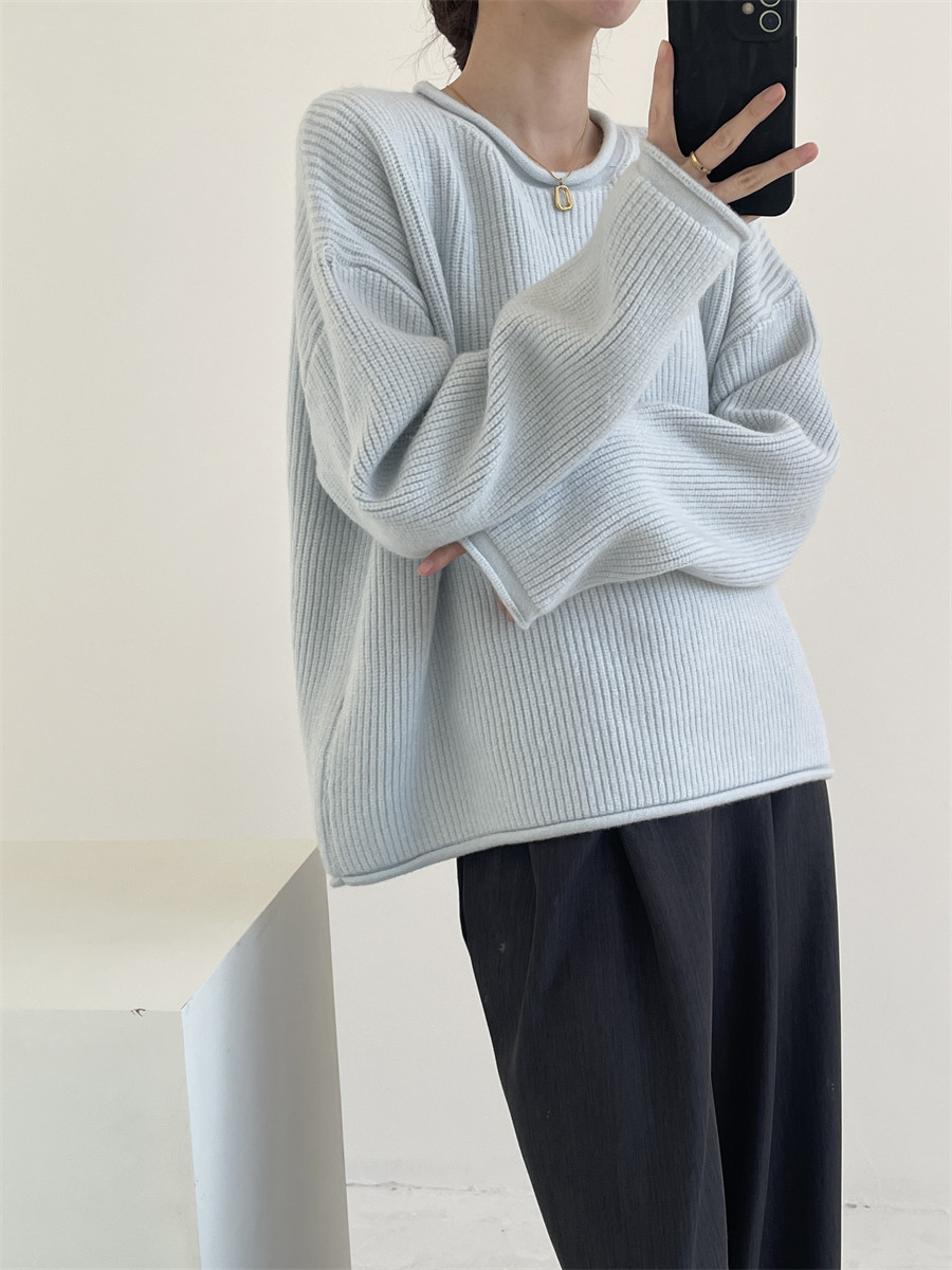 Solid-color Ribbed Irregular Knit Pullover Sweater - Image 6