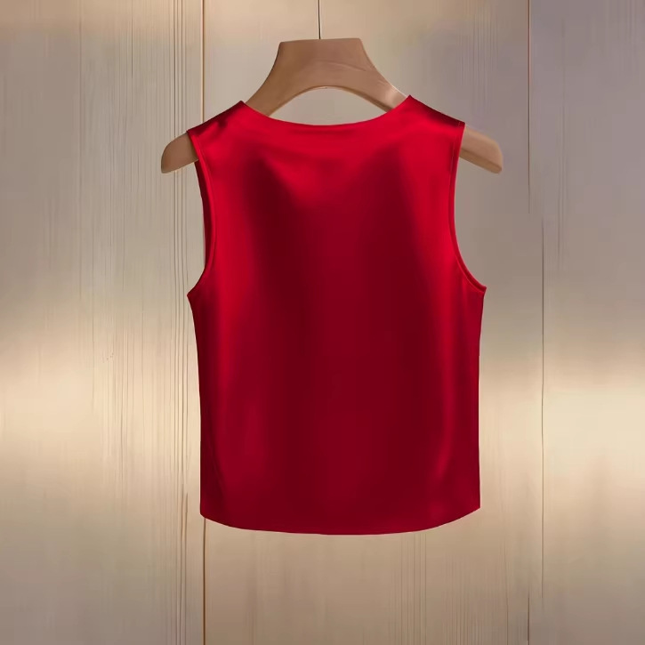 Womens Solid-Color Crew-Neck Beaded Tank Top T-Shirt - Image 3