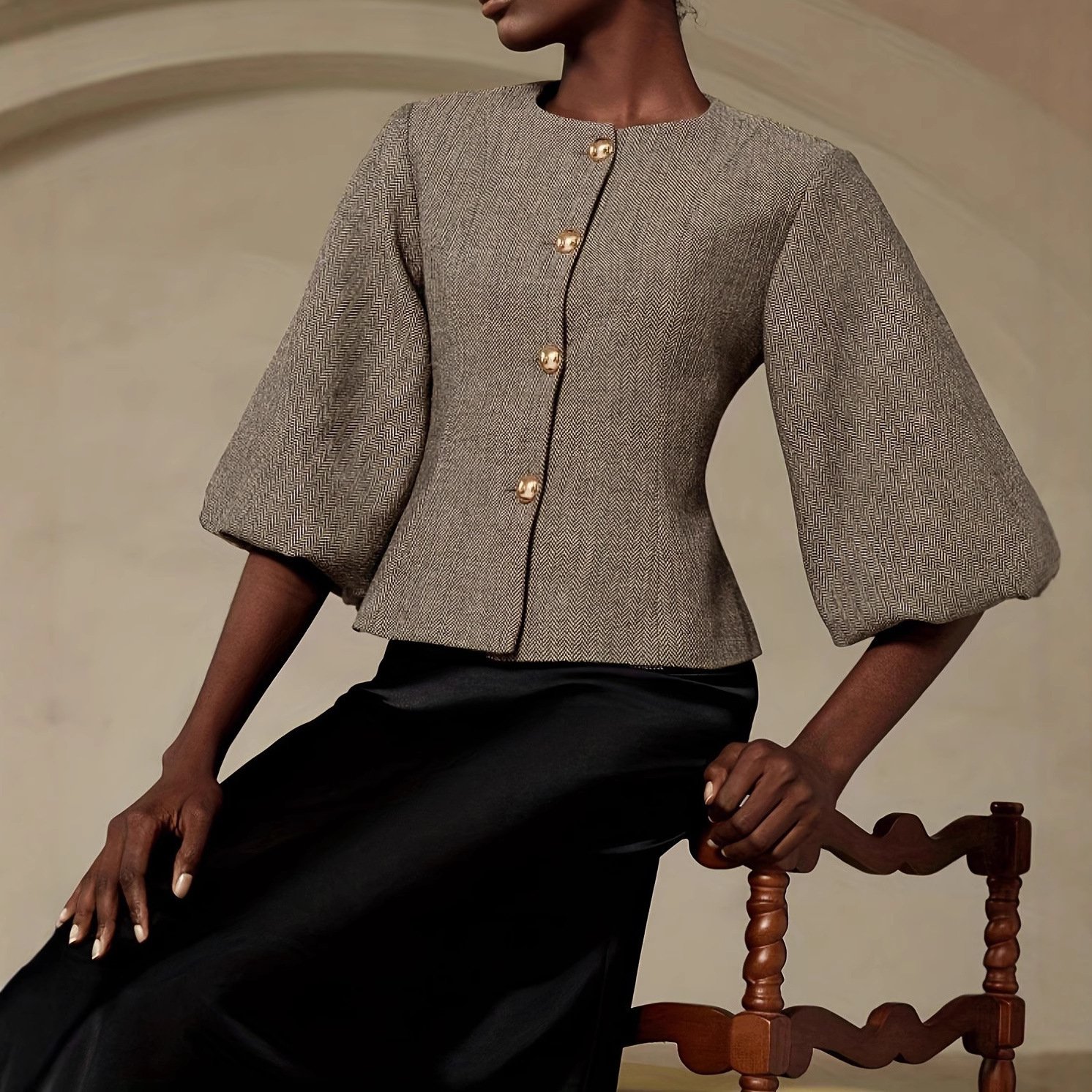 Best-selling Vintage Beige Belted Blazer With Balloon Sleeves - Image 2
