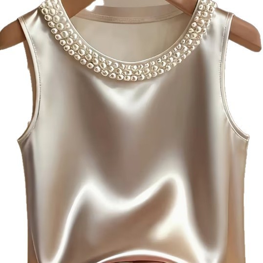 Womens Solid-Color Crew-Neck Beaded Tank Top T-Shirt - Image 5