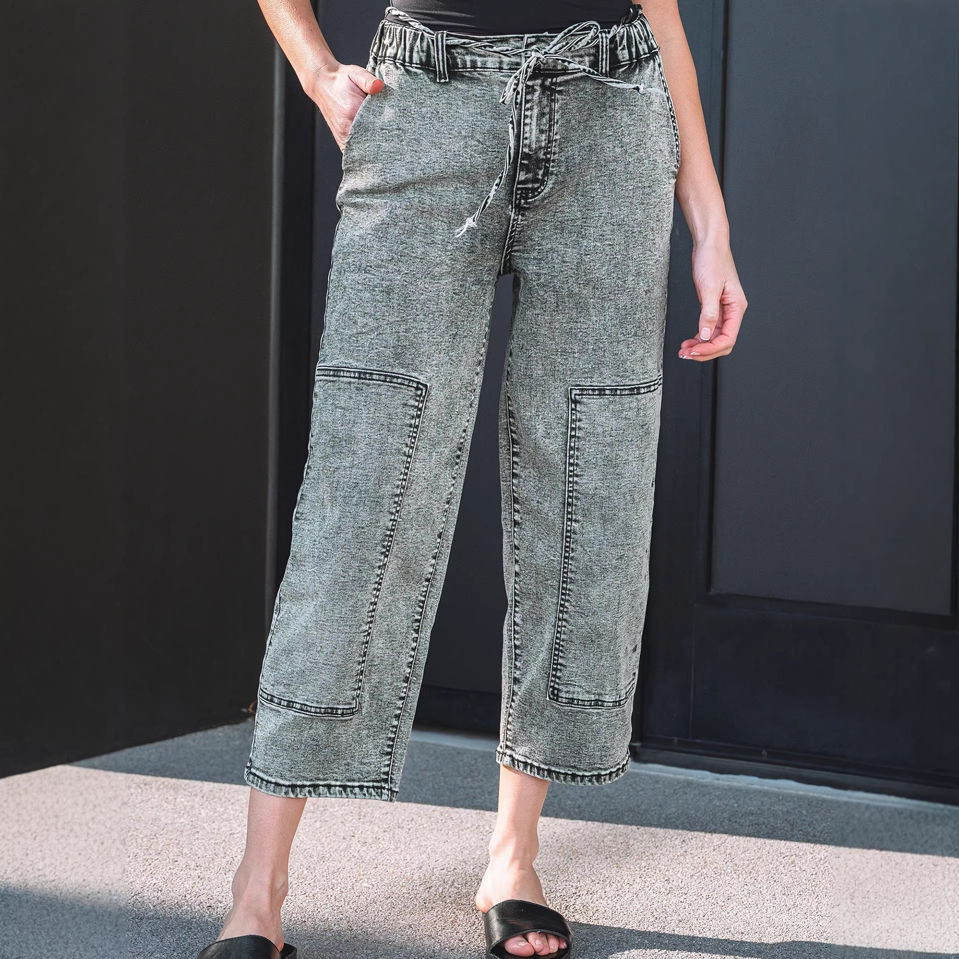 Washable Straight-leg Pants With Multiple Pockets And A Drawstring