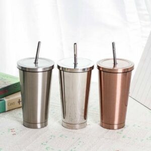 500ML Stainless Steel Empty Tumbler Coffee Cup Mug with Straw Lids Drinking Bottles