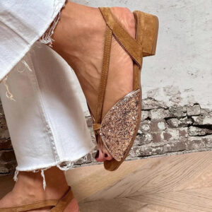 Brown Suede Glitter Embroidered Peep Toe Sandals