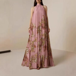 Womens Elegant High-Neck Lace-Up Printed Dress With A Refined Look