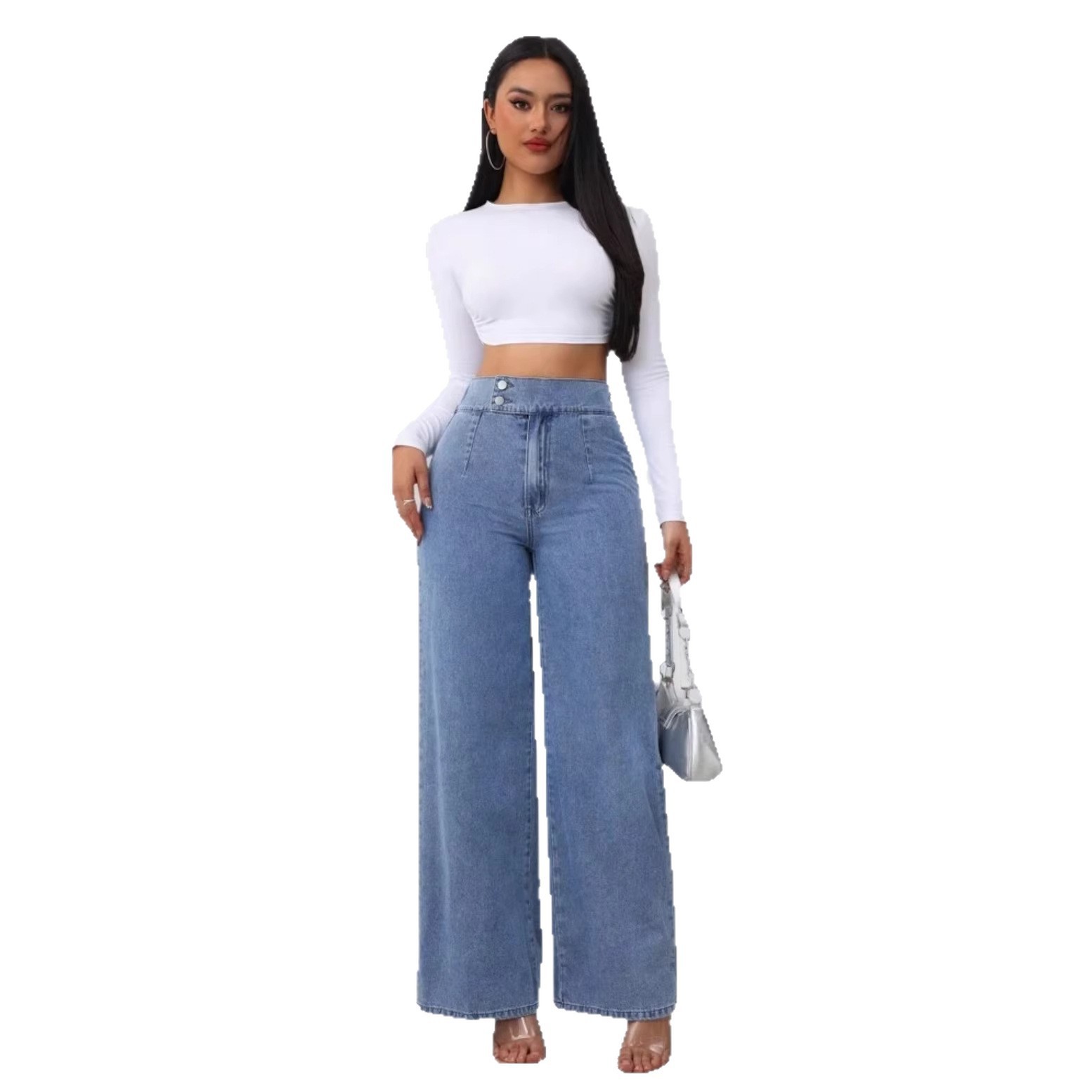 Versatile Straight-leg Loose-fit High-waisted Womens Solid-color Jeans With Double Buttons - Image 7