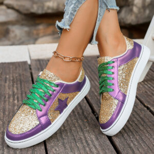 Stylish Flat Chunky-sole Low-top Shoes With Sequins And Lace-up Design