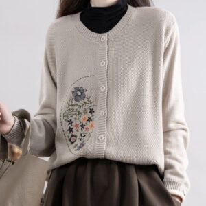 Chinese-style Corn-stitch Cotton Knit Cardigan Sweater For Women