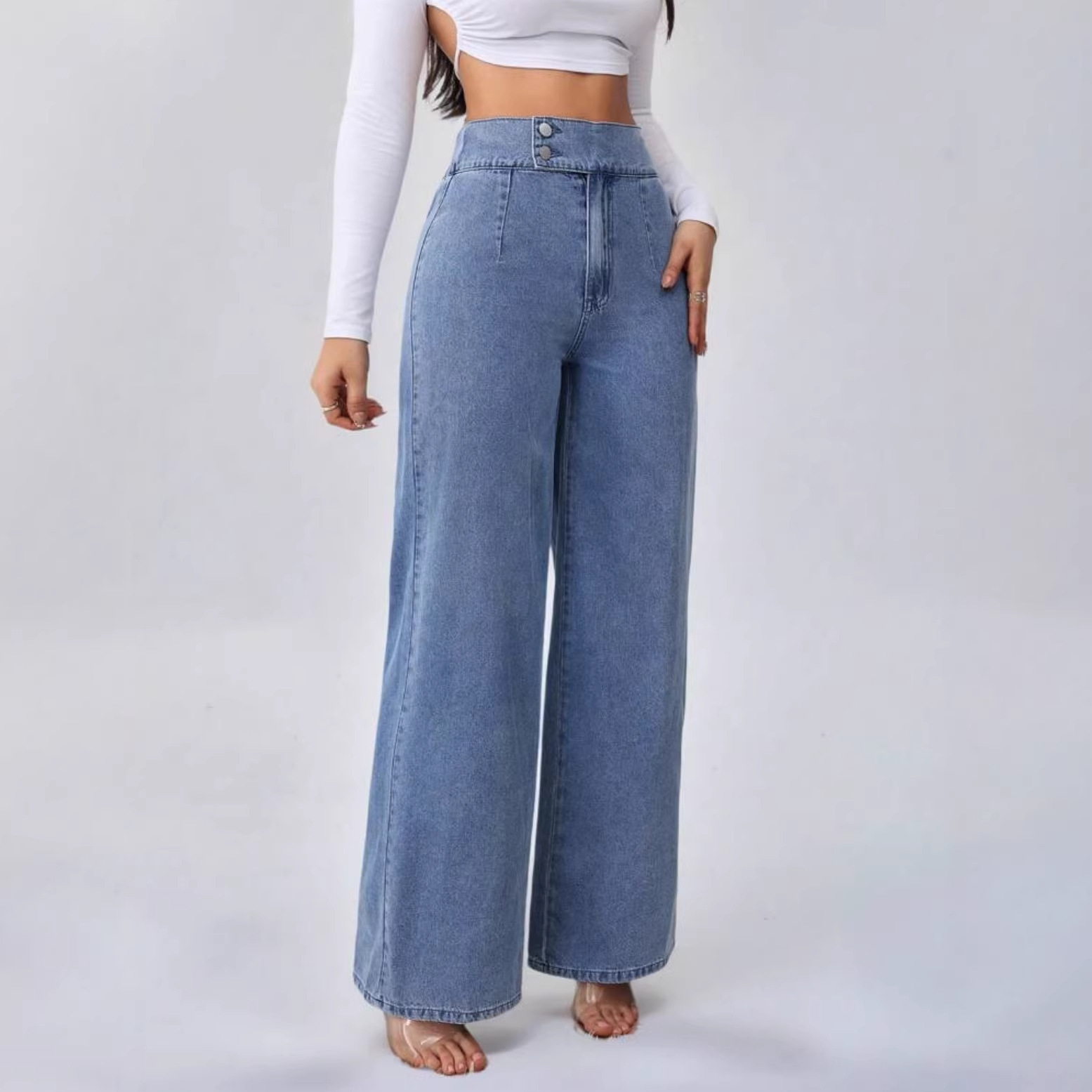 Versatile Straight-leg Loose-fit High-waisted Womens Solid-color Jeans With Double Buttons - Image 6