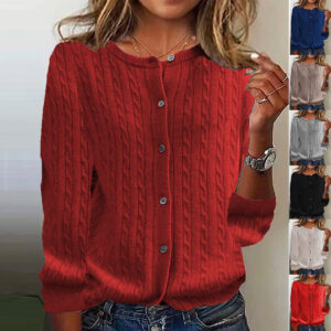 Womens Andi Fleece Crew-Neck Knitted Linen-Flower Cardigan Sweater