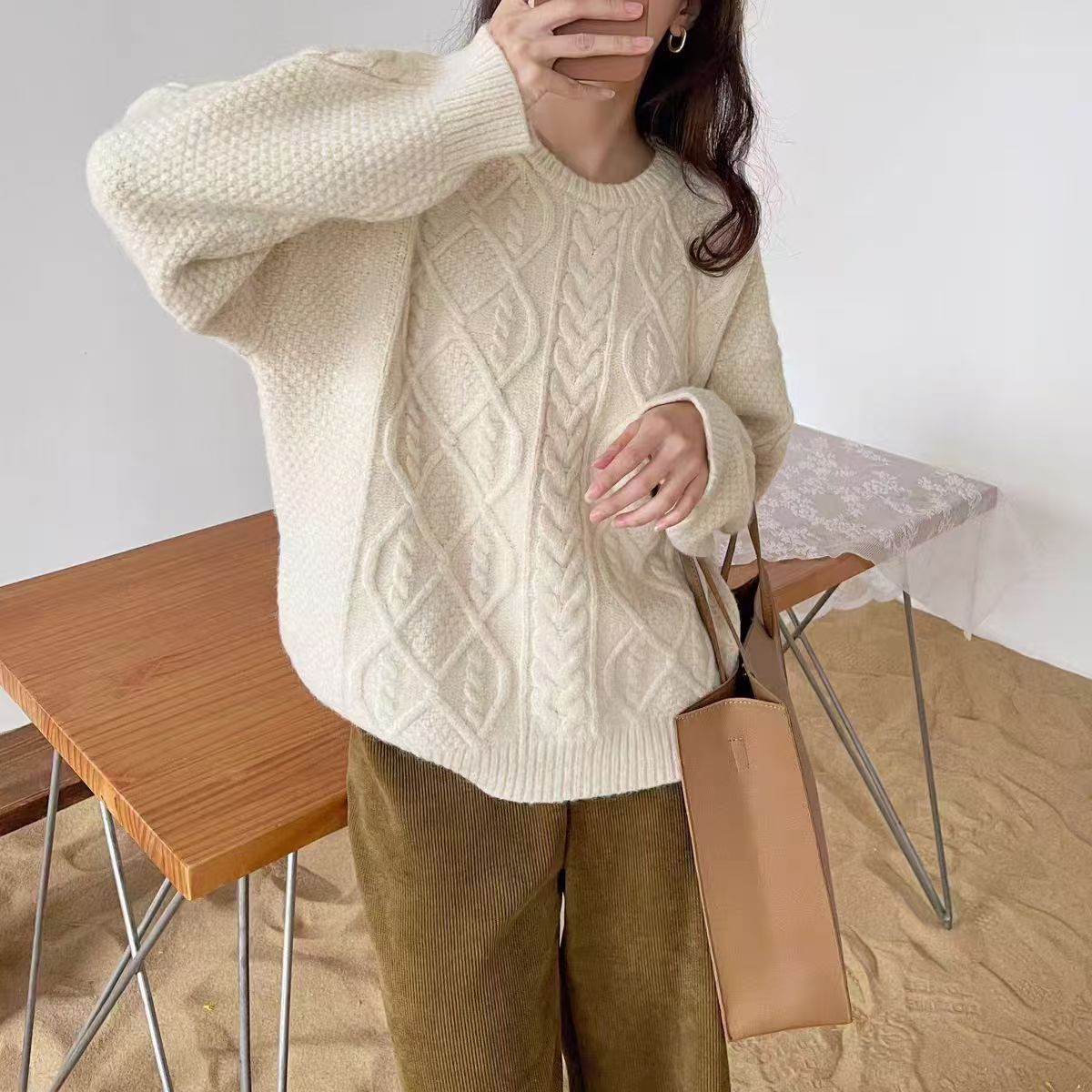 Thickened Relaxed-fit Cable-knit Crew-neck Sweater That Flatters Your - Image 5