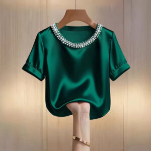 Sleek Stylish And Elegant Beaded Crew-neck Short-sleeve T-shirt