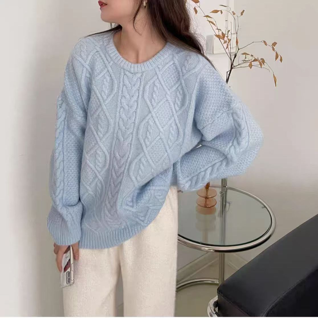 Thickened Relaxed-fit Cable-knit Crew-neck Sweater That Flatters Your - Image 2