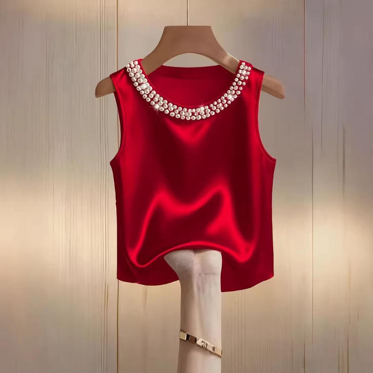 Womens Solid-Color Crew-Neck Beaded Tank Top T-Shirt - Image 4