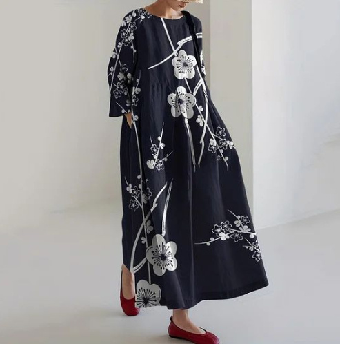 Womens Fashion Round-Neck Printed Long-Sleeve Dress - Image 4