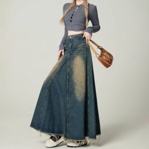 High-waisted Drapey Slimming Vintage Distressed Loose-fit Denim Skirt