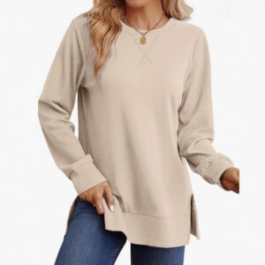 Womens Crew-Neck Long-Sleeve T-Shirt With Side Slits Casual Top