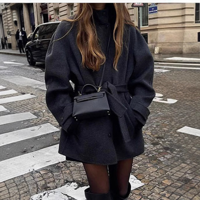 Womens Wool Coat With Belt Mock Neck And Solid Color - Image 2