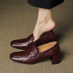 Womens Solid-Color Mid-Heel Retro Commuter Leather Square-Toe Pumps