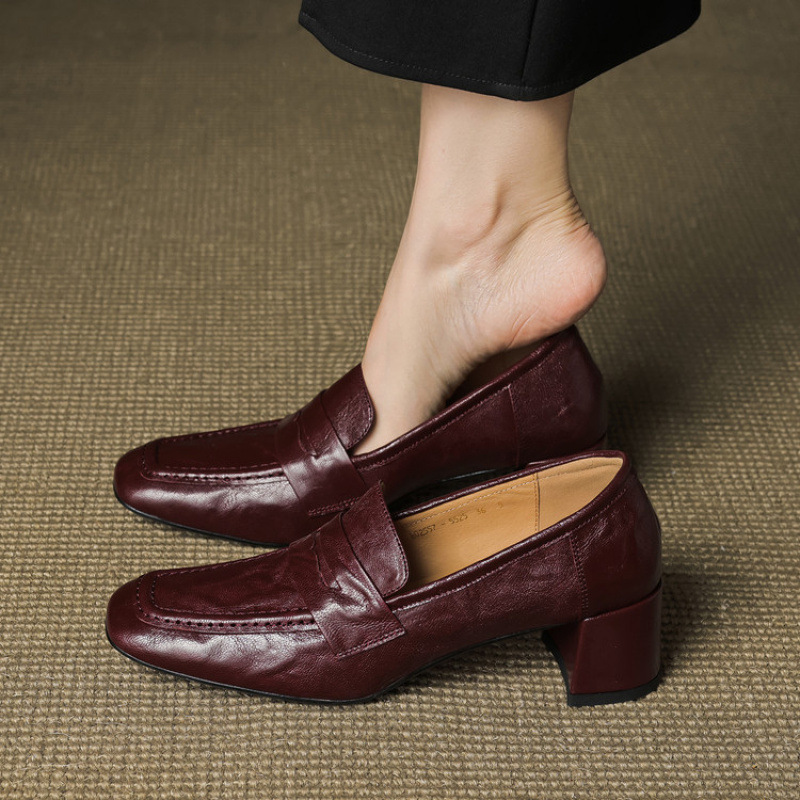 Womens Solid-Color Mid-Heel Retro Commuter Leather Square-Toe Pumps