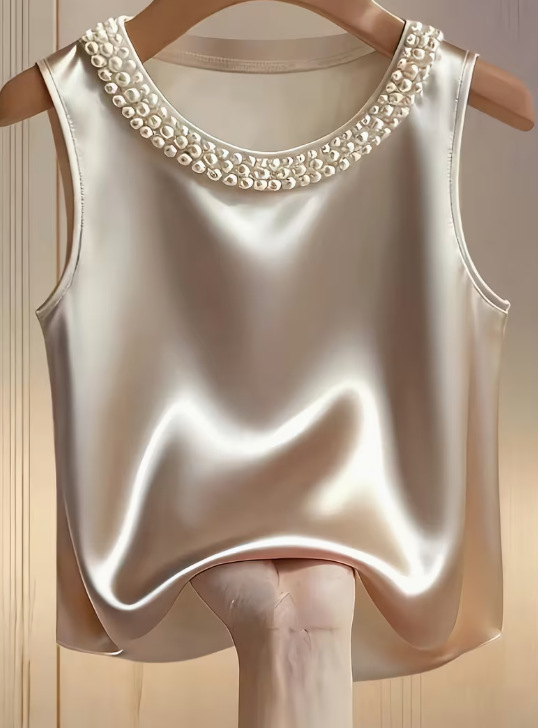 Womens Solid-Color Crew-Neck Beaded Tank Top T-Shirt - Image 2