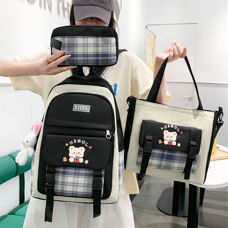 Large Capacity High School Plaid Three-piece Set Junior High School Student Elementary School Studebt Backpack - Image 5