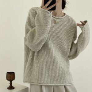 Solid-color Ribbed Irregular Knit Pullover Sweater
