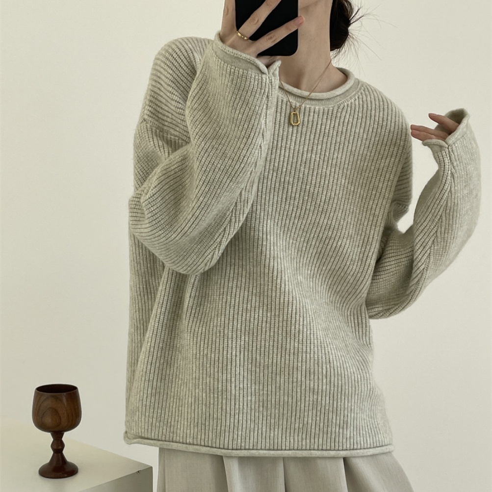 Solid-color Ribbed Irregular Knit Pullover Sweater