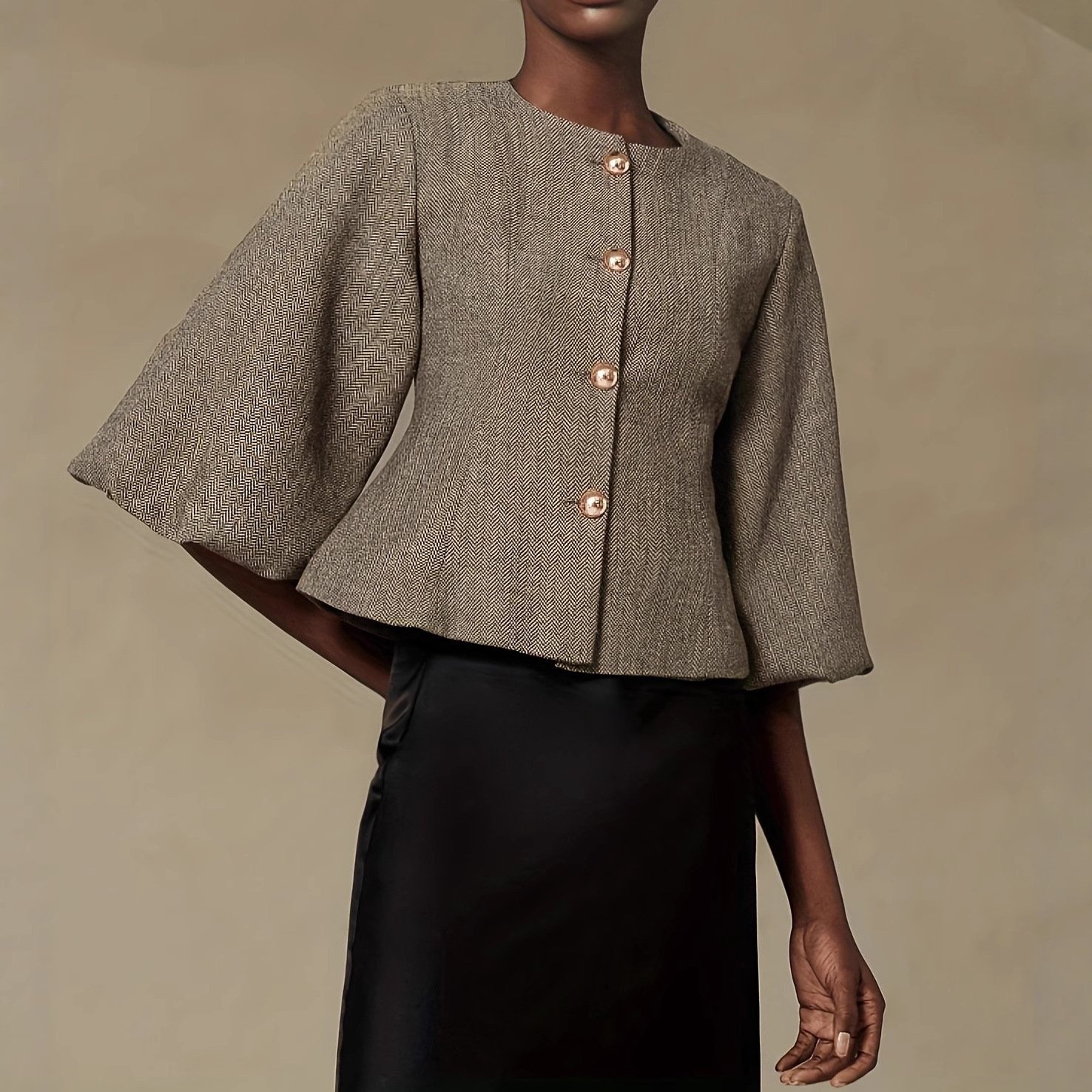 Best-selling Vintage Beige Belted Blazer With Balloon Sleeves