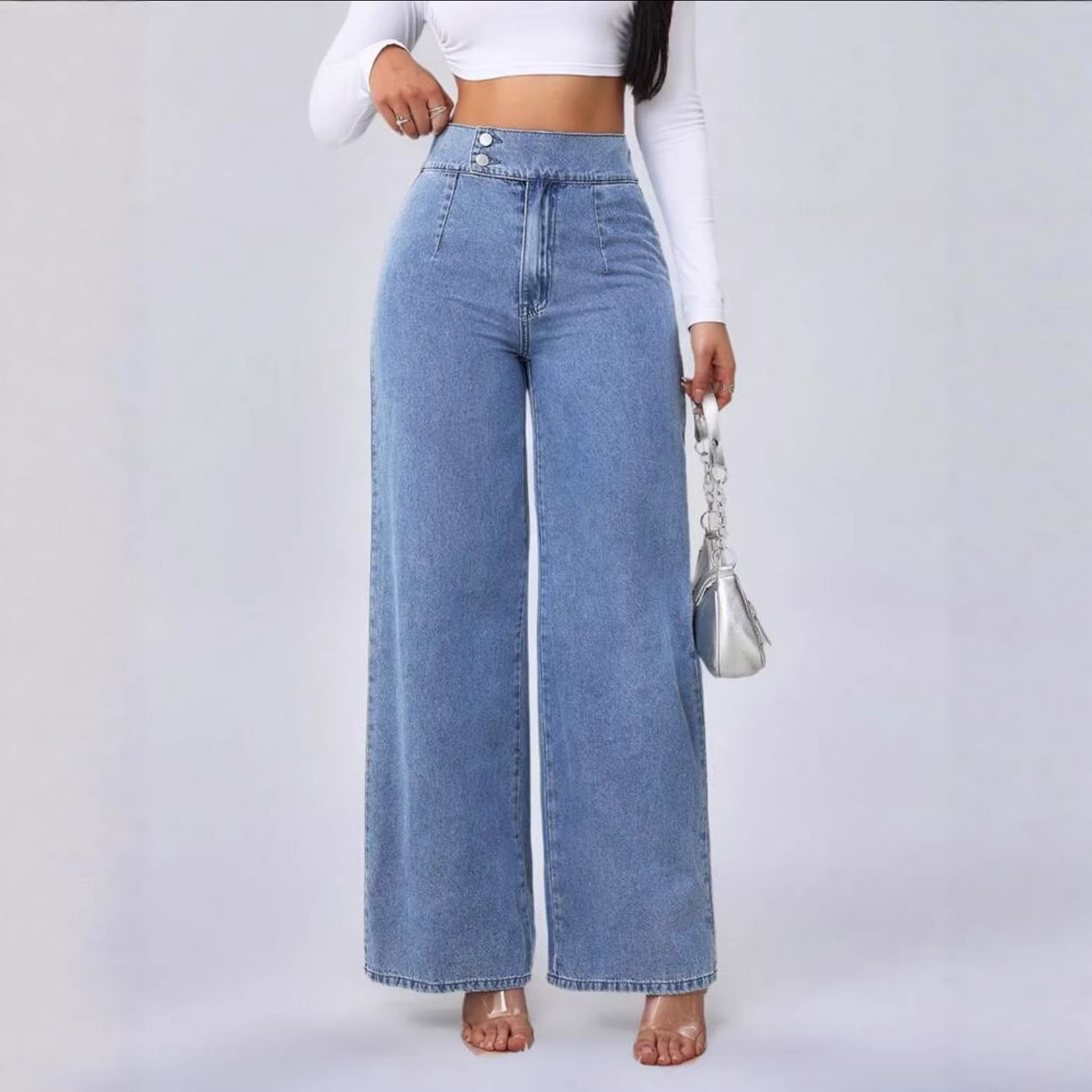 Versatile Straight-leg Loose-fit High-waisted Womens Solid-color Jeans With Double Buttons - Image 4