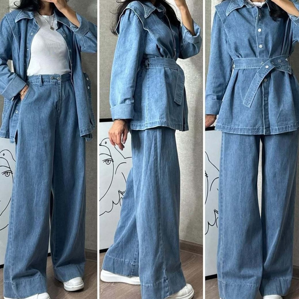 Womens Long-Sleeve Denim Jacket And Wide-Leg Jeans Two-Piece Set