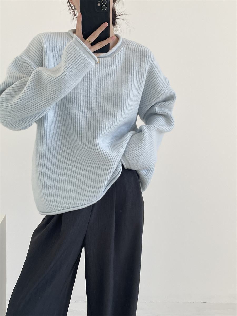 Solid-color Ribbed Irregular Knit Pullover Sweater - Image 5