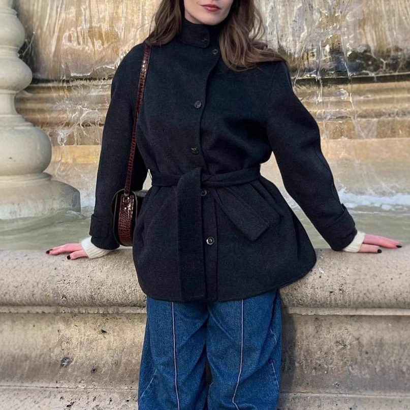 Womens Wool Coat With Belt Mock Neck And Solid Color - Image 5