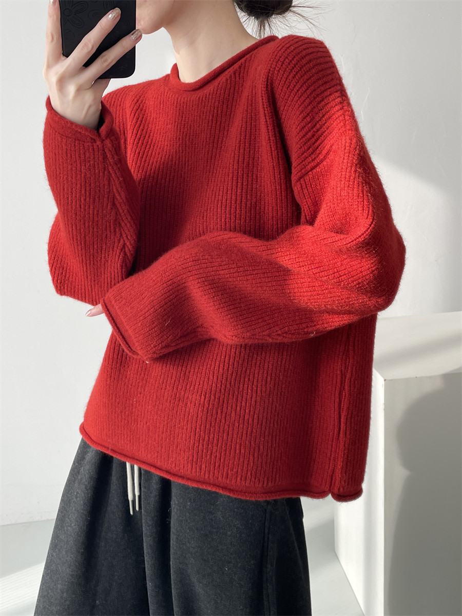 Solid-color Ribbed Irregular Knit Pullover Sweater - Image 4