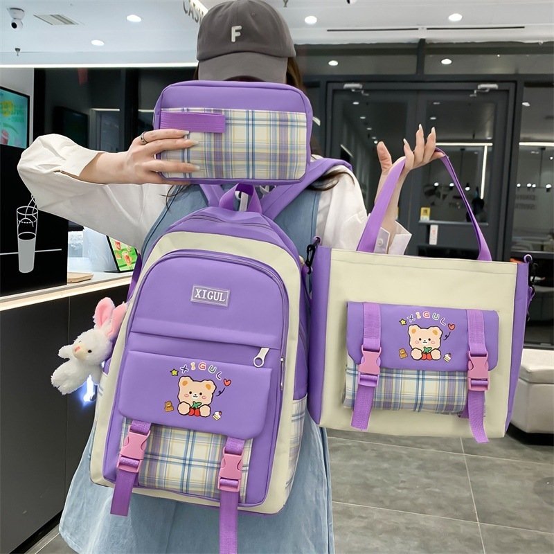 Large Capacity High School Plaid Three-piece Set Junior High School Student Elementary School Studebt Backpack - Image 9