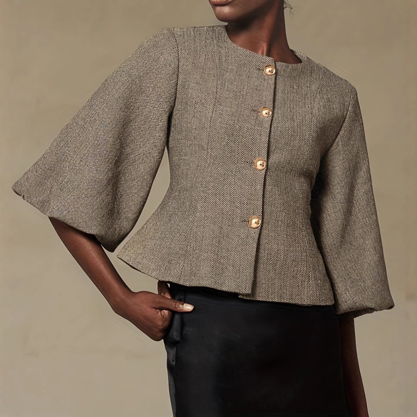 Best-selling Vintage Beige Belted Blazer With Balloon Sleeves - Image 4