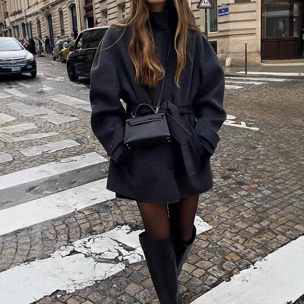 Womens Wool Coat With Belt Mock Neck And Solid Color - Image 4