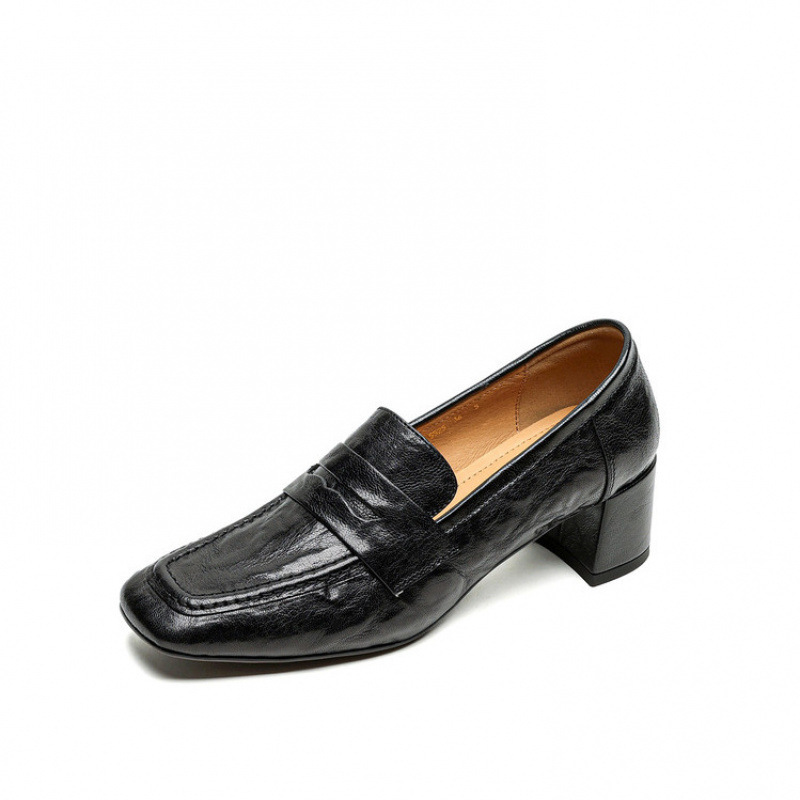 Womens Solid-Color Mid-Heel Retro Commuter Leather Square-Toe Pumps - Image 3