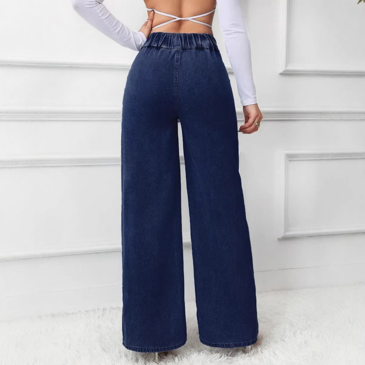 Versatile Straight-leg Loose-fit High-waisted Womens Solid-color Jeans With Double Buttons - Image 3
