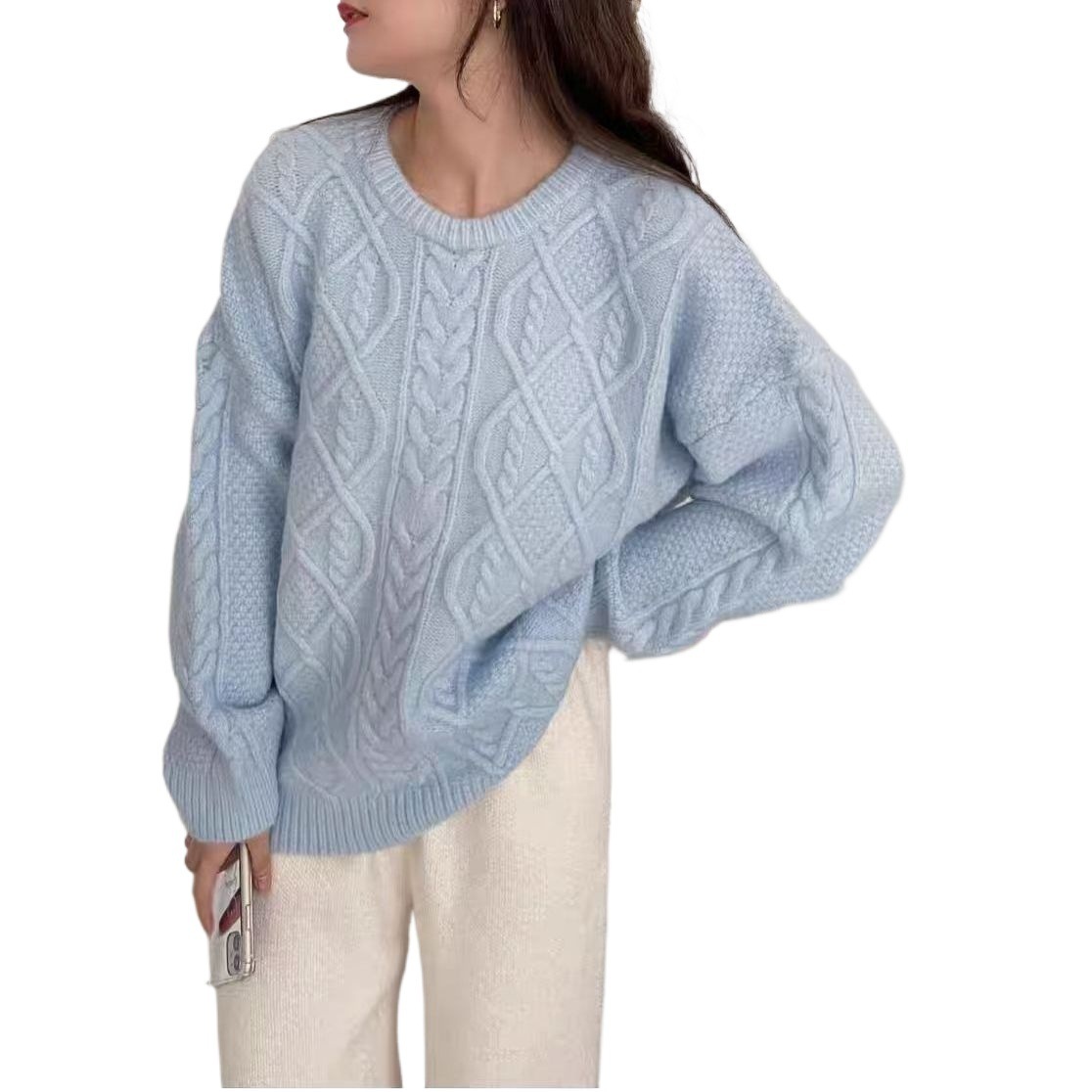Thickened Relaxed-fit Cable-knit Crew-neck Sweater That Flatters Your - Image 3