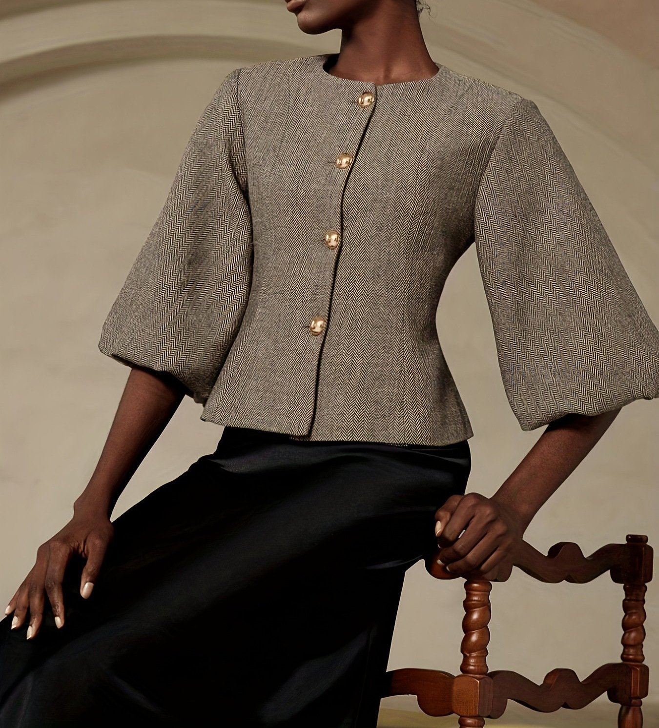 Best-selling Vintage Beige Belted Blazer With Balloon Sleeves - Image 5