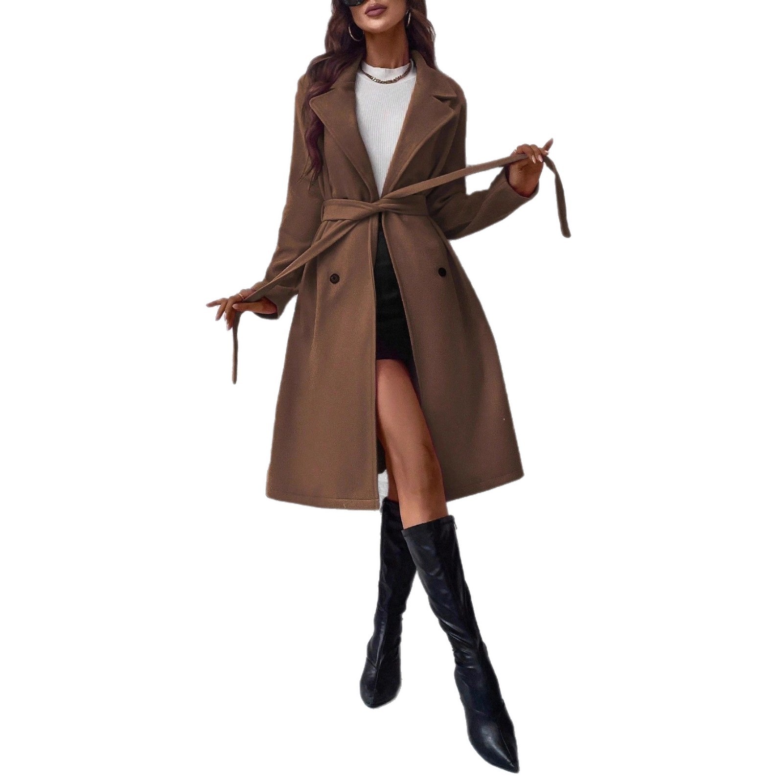 Elegant Long-sleeve Lapel Double-breasted Coat With A Belt - Image 5