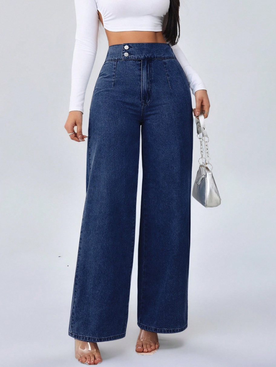 Versatile Straight-leg Loose-fit High-waisted Womens Solid-color Jeans With Double Buttons - Image 2